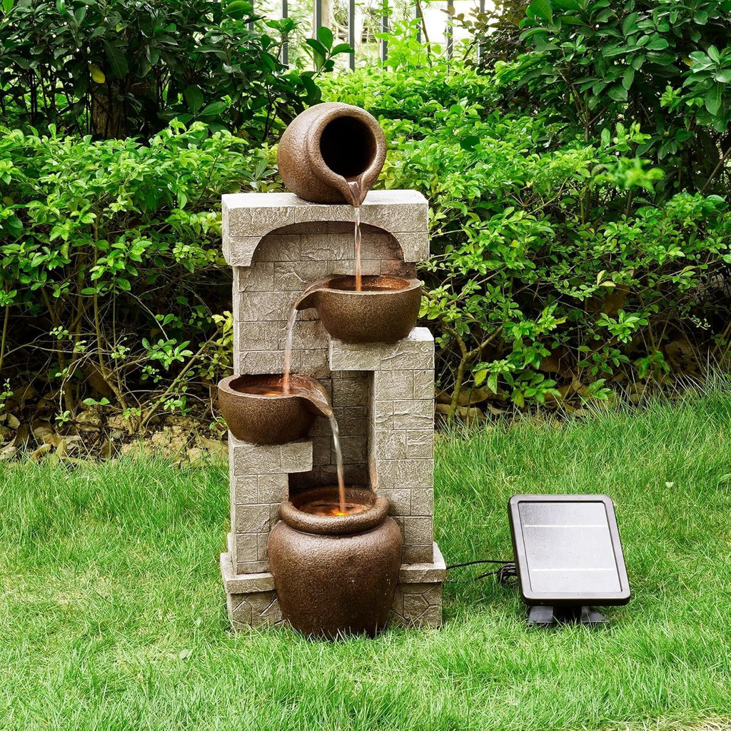 28 in. Cascading Bowls and Stacked Stones LED Outdoor Water Fountain Living Spaces to Create a Calming Oasis