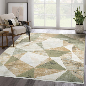Savoy Collection Area Rug - Green and Cream Geometric Design - Easy to Clean - Durable for Kids and Pets