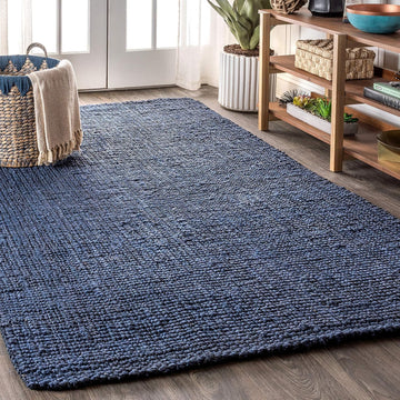 Pata Hand Woven Chunky Jute Navy Area Rug, Bohemian, Rustic, Cottage, Easy-Cleaning
