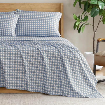 Heart Gingham Microfiber Sheet Set with Extra Pillowcases, Soft Lightweight 100% Polyester Bedding, Blue