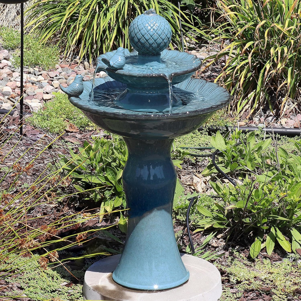 27" H 2-Tier Ceramic Water Fountain - Outdoor Water Feature - Garden Fountain - Blue