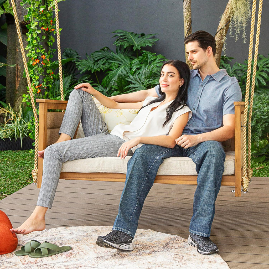 Blaine Teak Porch Swing with Tan Cushion - 2 Seater