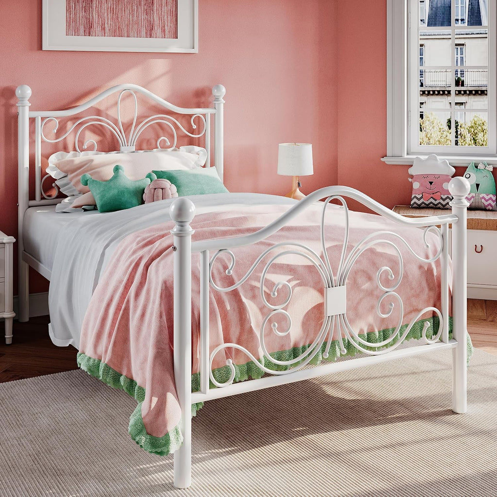 Twin Size Bed Frame for Kids,Metal Bed Frame with Butterfly Pattern Design Headboard & Footboard,No Box Spring