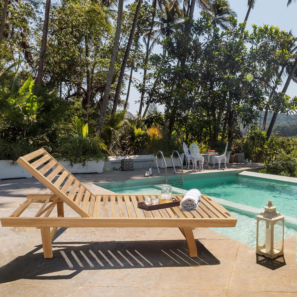 Outdoor Patio Reclining Chaise Pool Lounger Made from Solid Teak Wood