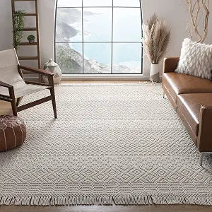 Natura Collection Area Rug - 9' x 12', Ivory, Handmade Moroccan Boho Wool Fringe, Ideal for High Traffic Areas in