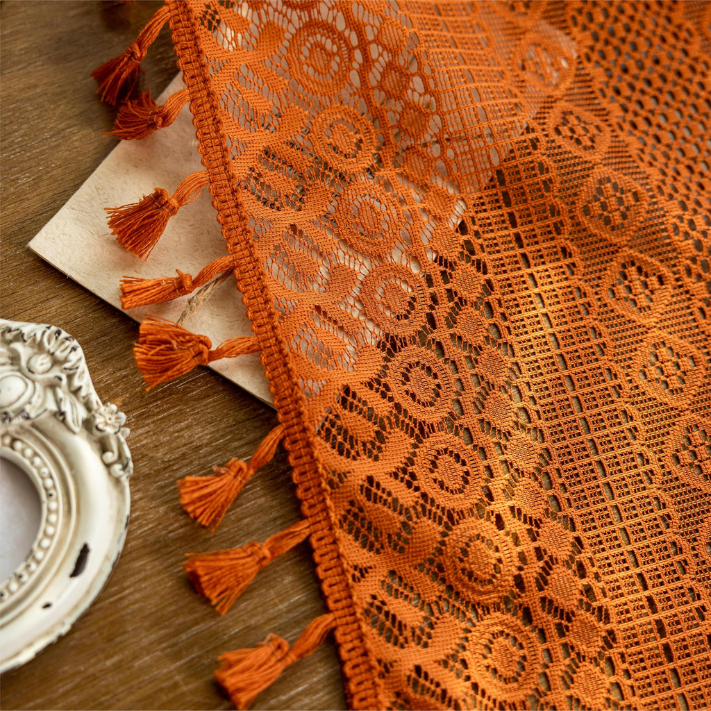 Terracotta Boho Short Curtains Window Curtains Over Sink, Burnt Orange Crochet Privacy Farmhouse Lace Sheer Vintage
