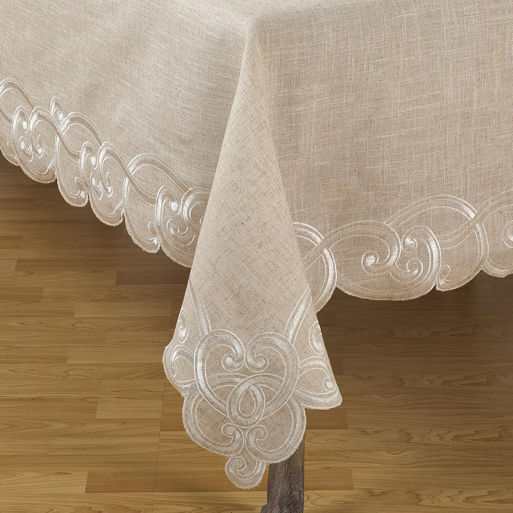 Embroidered Scallop Design Linen Blend Tablecloth, 67" x 180", Natural
