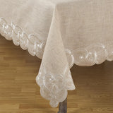 Embroidered Scallop Design Linen Blend Tablecloth, 67" x 180", Natural