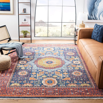 Samarkand 8' x 10' Red/Blue Hand-Knotted Traditional Oriental Medallion Premium Wool Dining Area Rug