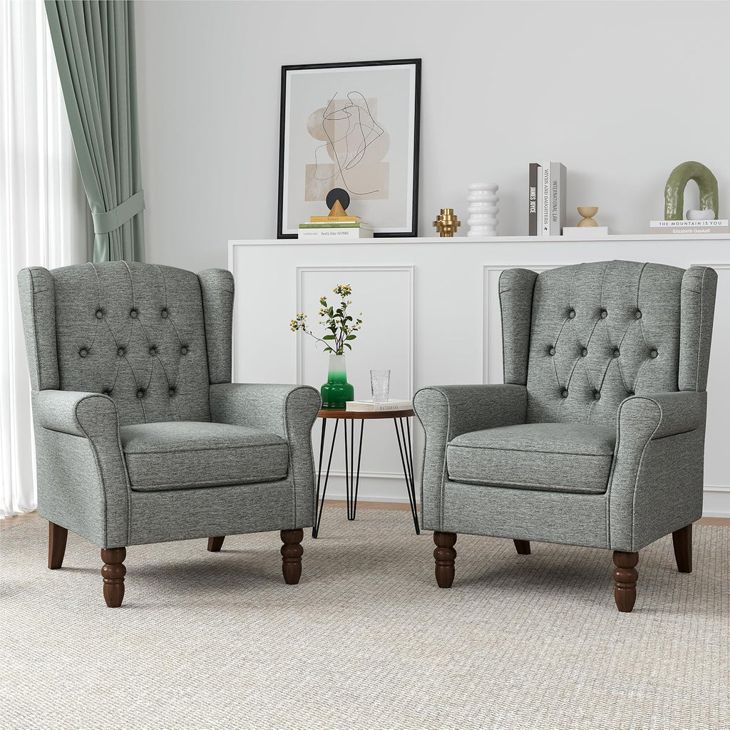 High Back Accent Chair, Tufted Wingback Chair , Grey | Button-Tufted Upholstered Armchair with Solid Wood Legs