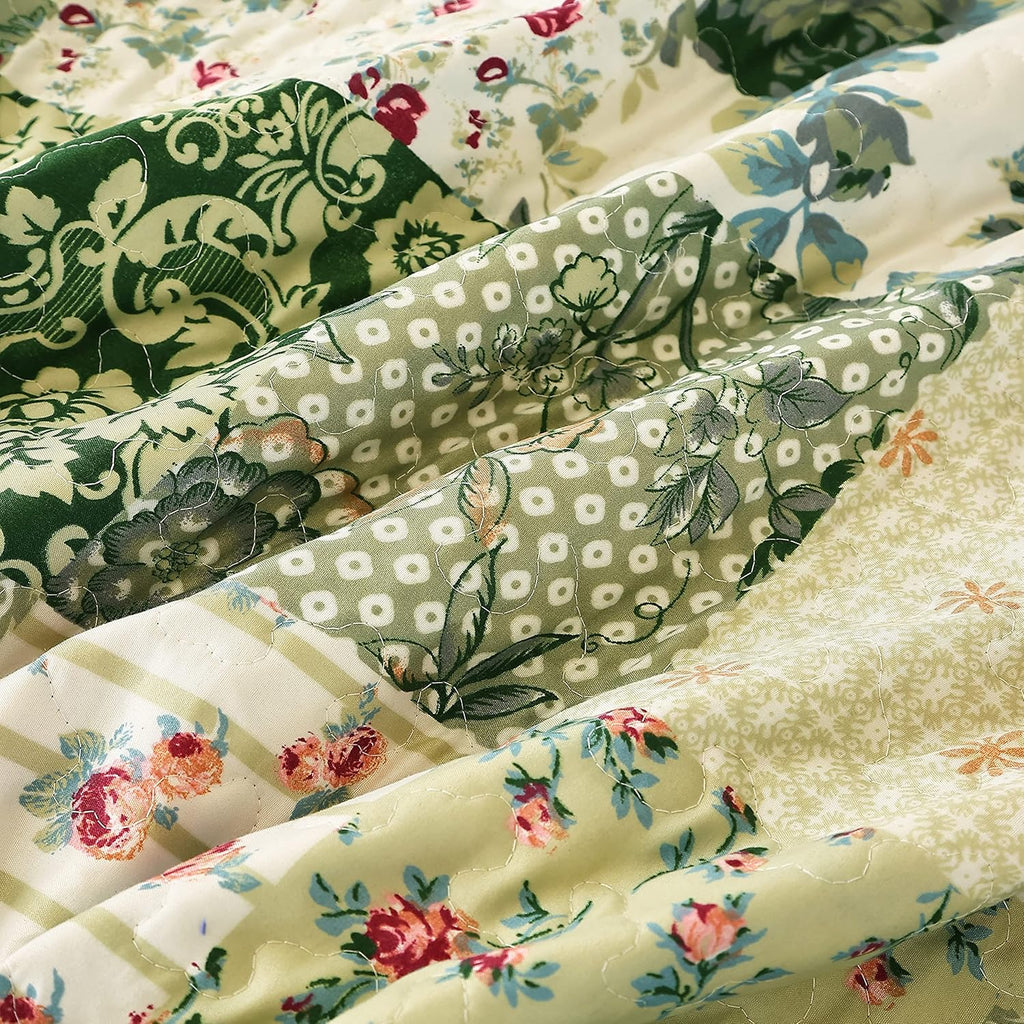 Summer Floral Quilted Bedspread,Romantic Green Quilt Set,Reversible Stitched Bedding Cover All Season,Soft
