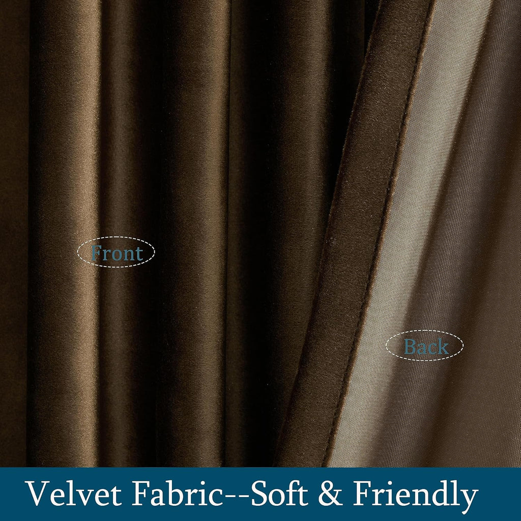 Brown Polyester Velvet Curtains 84 inch Long,Set of 2 Panels Blackout Rod Pocket Back Tab Window Treatment Room
