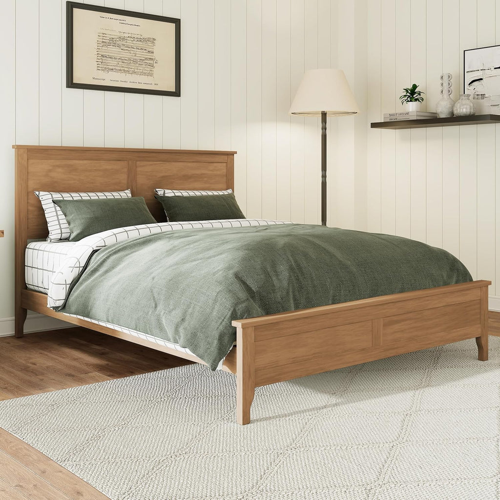 Queen Bed Frame, Solid Wood Platfrom Bed Frame Queen with Headboard & Slat Supports, No Box Spring Needed, Easy