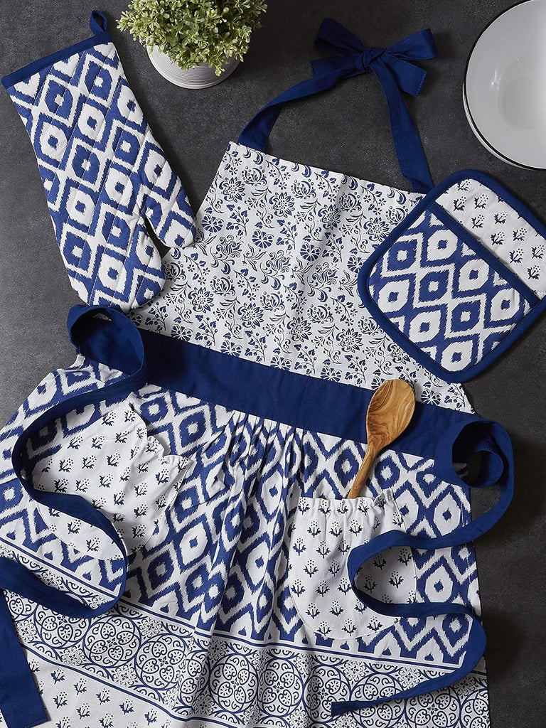 Kitchen Gift Set Collection, Apron, Pot Holder & Oven Mitt, Blue Market, 3 Piece