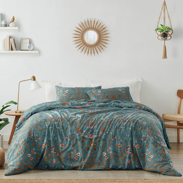 Boho Bohemian Farmhouse Teal Blue and Orange Wildflower Garden Floral Duvet Comforter Cover and Sham 3 pc
