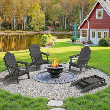 HDPE Folding Adirondack Chair, Cup Holder, Set of 4, Black | HDPE poly lumber, folable, all-weather resistant, Low