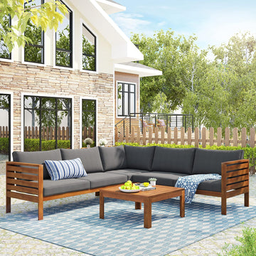 Outdoor Patio Natural Furniture Set L-Shaped Sofa Set, 4-Piece Acacia Wood Sectional Conversation Set with Loveseat