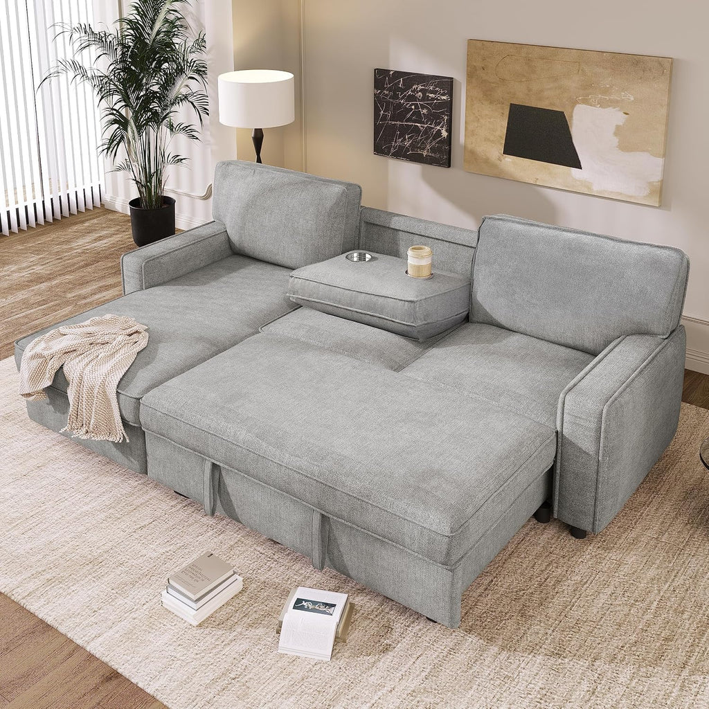 89" Convertible L-Shaped Sleeper Sofa Bed with Storage Chaise, Gray