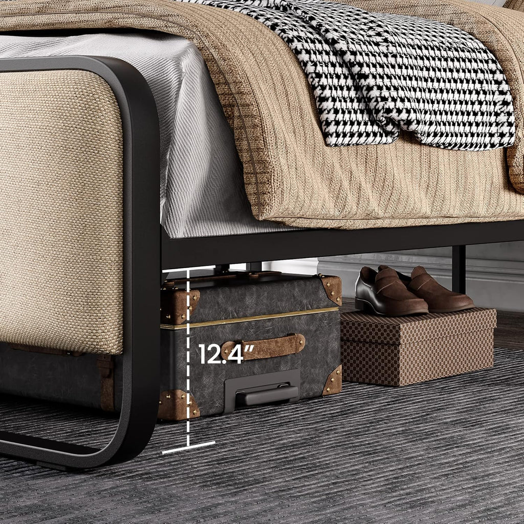 Queen Platform Metal Bed Frame with Curved Upholstered Headboard and Footboard, Large Under Bed Storage