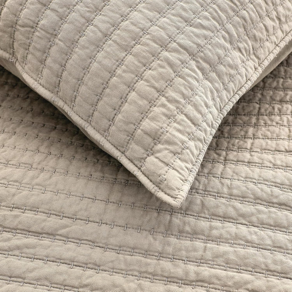 100% Cotton Quilt Set - Beige Neutral Striped Pick Stitch Soft Lightweight Bedspread, Textured Like Linen