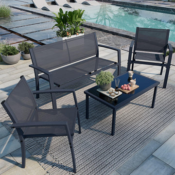 4 Pieces Patio Furniture Set All Weather Textile Fabric Outdoor Conversation Set, with Glass Coffee Table, Loveseat