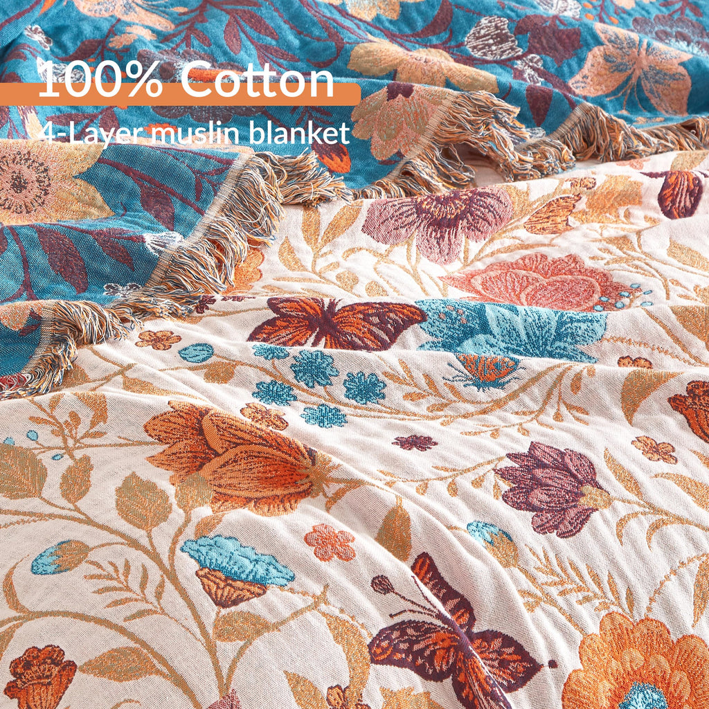 Boho Throw Blanket for Bed 90"x98", 100% Cotton Blanket for Couch Sofa