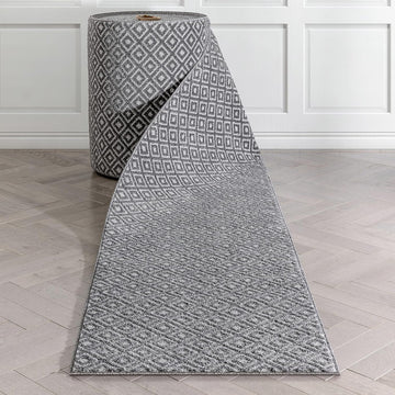 Custom Size Hallway Stair Runner - Choose Your Length - Piano Dark Grey Tribal Diamond Geometric 27 Inches Wide x 11