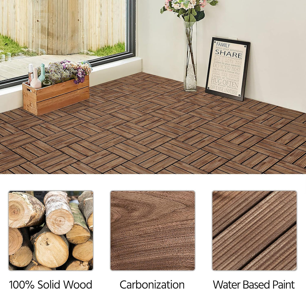 27PCS Wooden Decking Tiles 12 x 12in Hardwood Interlocking Patio Deck Tiles Composite Balcony Floor Covering for