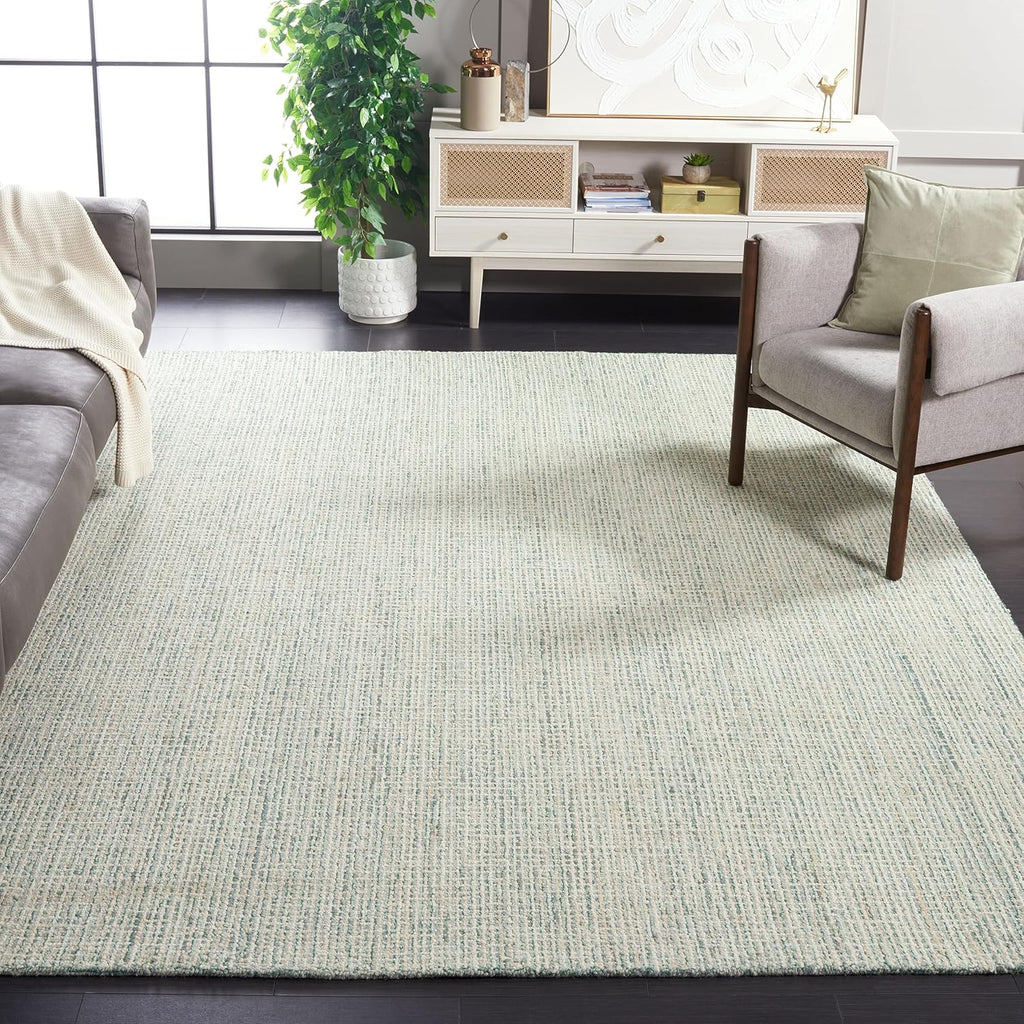 Abstract Area Rug - 10' x 14', Green & Ivory, Handmade Wool