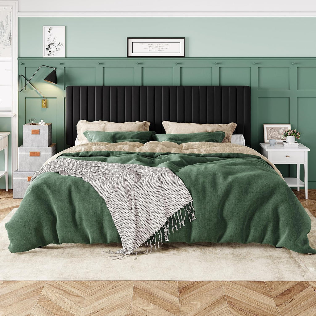 King Platform Bed Frame, Velvet Upholstered with Adjustable Vertical Channel Tufted Headboard