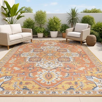 Medallion Reversible Washable Indoor Outdoor Area Rug Terra/Blue/Cream, Bijan Traditional Vintage for Backyard