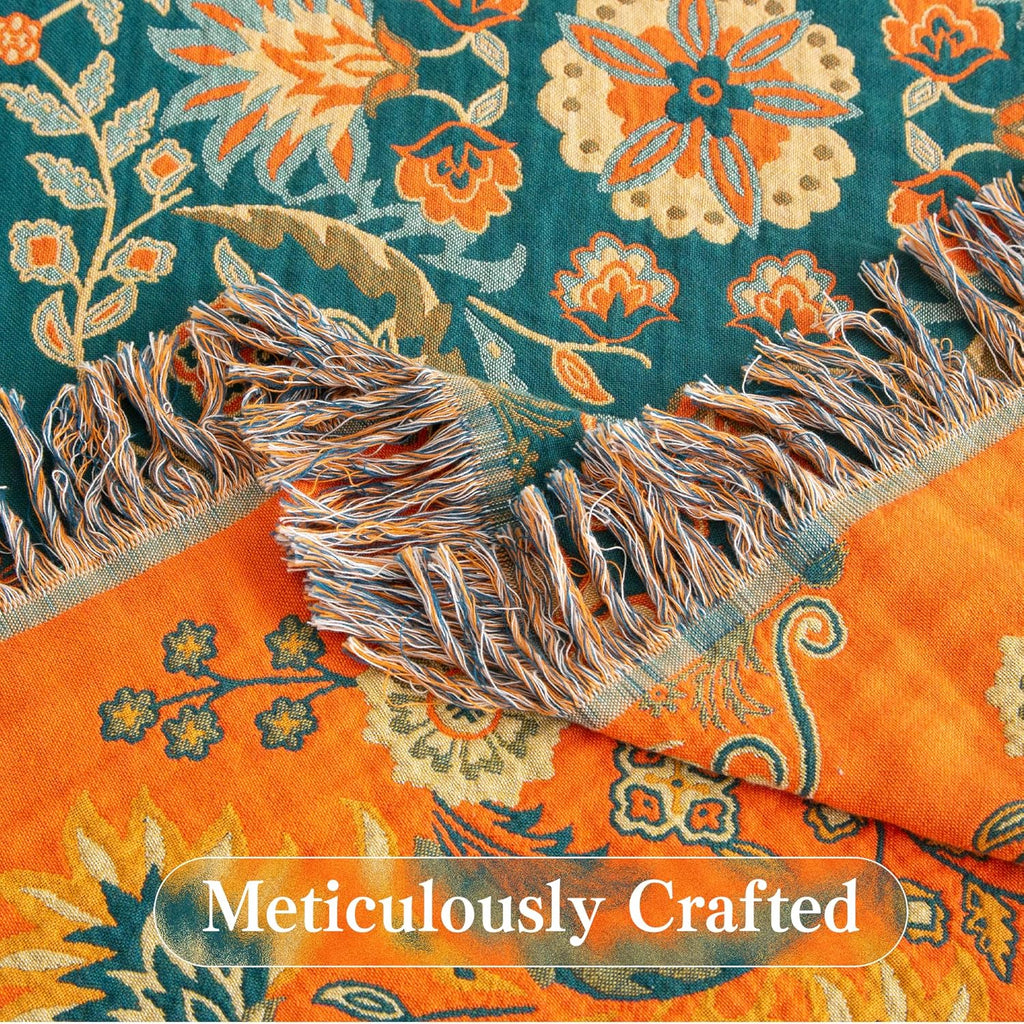 Boho Throw Blanket Twin Size, Soft Cozy Cotton Muslin Quilt Blanket, Floral Patterned Couch Sofa Chair Cover, Vintage
