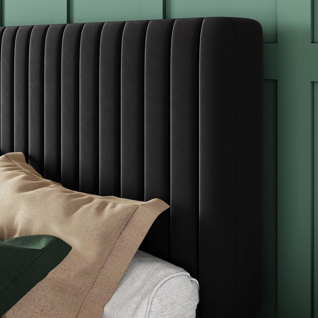 King Platform Bed Frame, Velvet Upholstered with Adjustable Vertical Channel Tufted Headboard