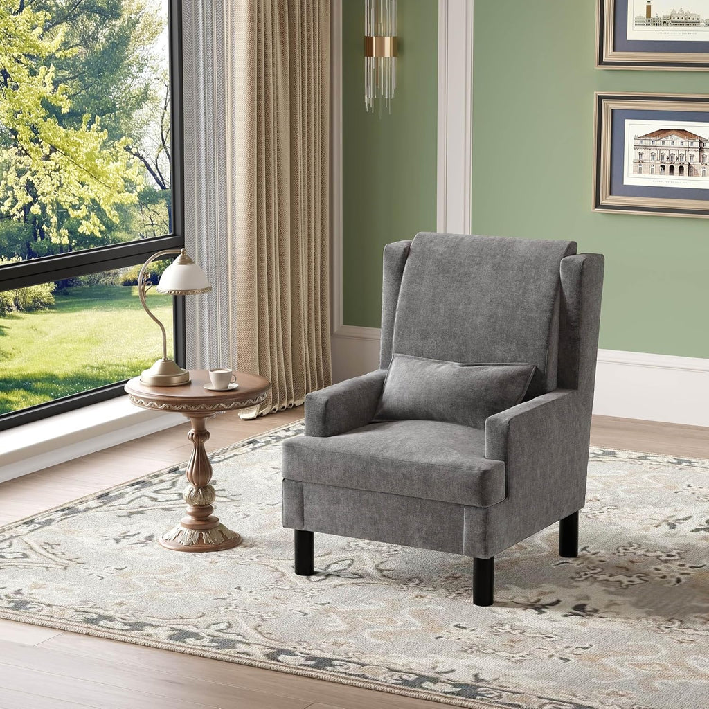 Wingback Accent Chair , Mid-Century Modern Reading Chair , Modern Chenille Upholstered Comfy Armchair with High Back