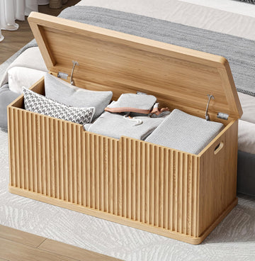 37.4" Fluted Storage Chest Wooden Storage Trunk 2 Safety Hinges Oak | Storage Chest with 2 Safety Hinges & Lift Top