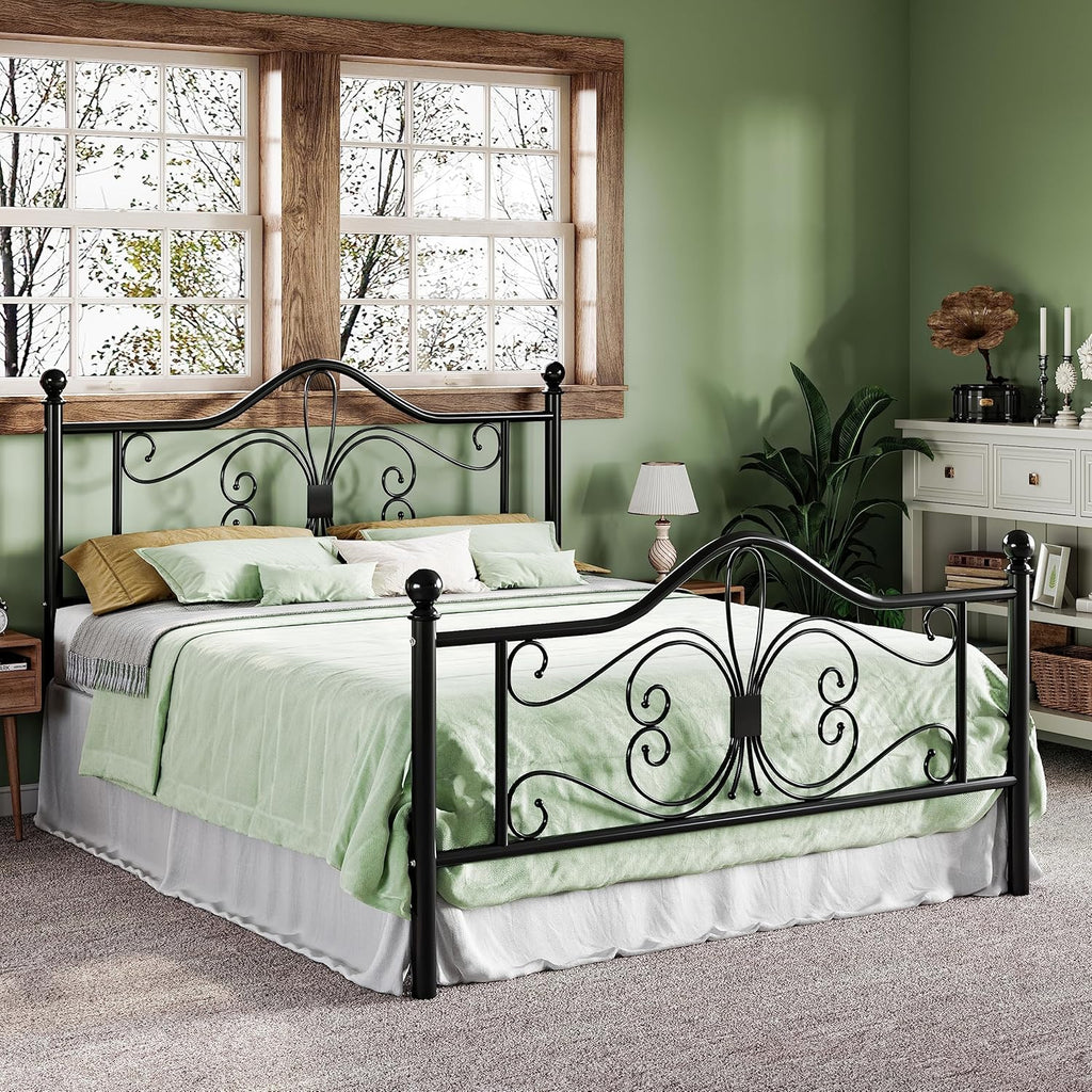 Full Bed Frame with Headboard,Metal Bed Frame with Butterfly Pattern Design Headboard & Footboard,No Box Spring