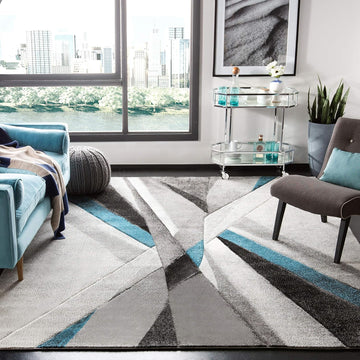 Hollywood Collection Area Rug, Grey & Teal, Mid-Century Modern Design, Non-Shedding & Easy Care, Ideal for