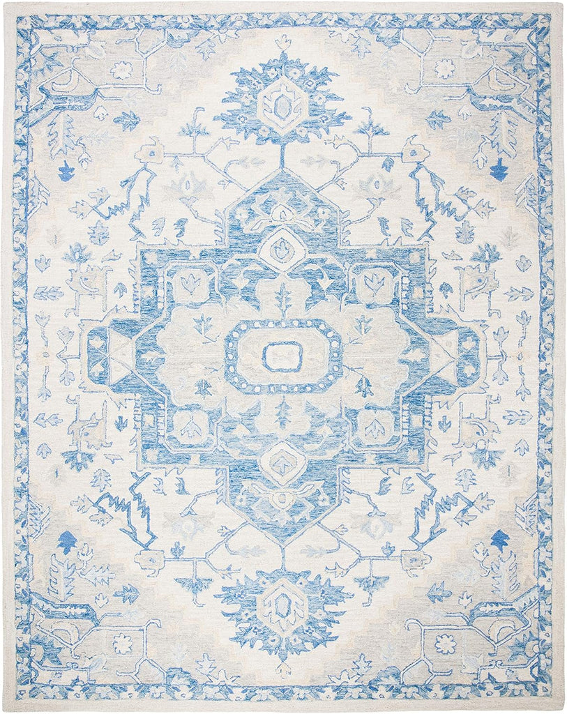 Micro-Loop 10' x 14' IvoryBlue Handmade Shabby Chic Medallion Premium Wool Dining Area Rug