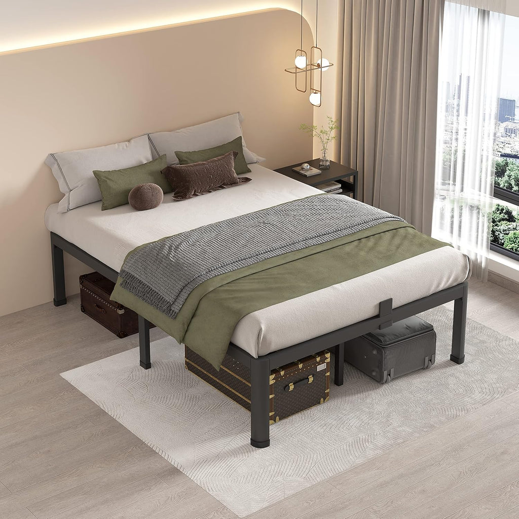 18 Inch Full Bed Frame with Round Corner Legs Mattress Slide Stopper No Box Spring Needed Heavy Duty Metal Platform