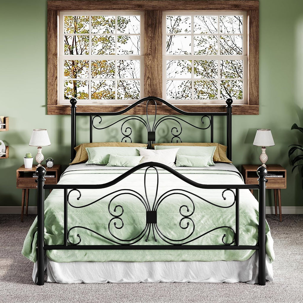 Full Bed Frame with Headboard,Metal Bed Frame with Butterfly Pattern Design Headboard & Footboard,No Box Spring