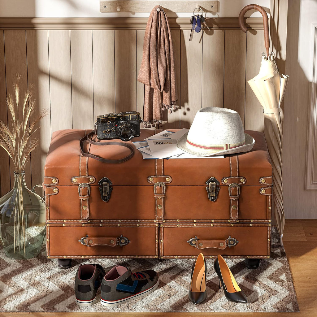 Vintage Treasure Chest Bench with Latch Closure and Buckle Trunk , Farmhouse Faux Leather Storage Ottoman Bench