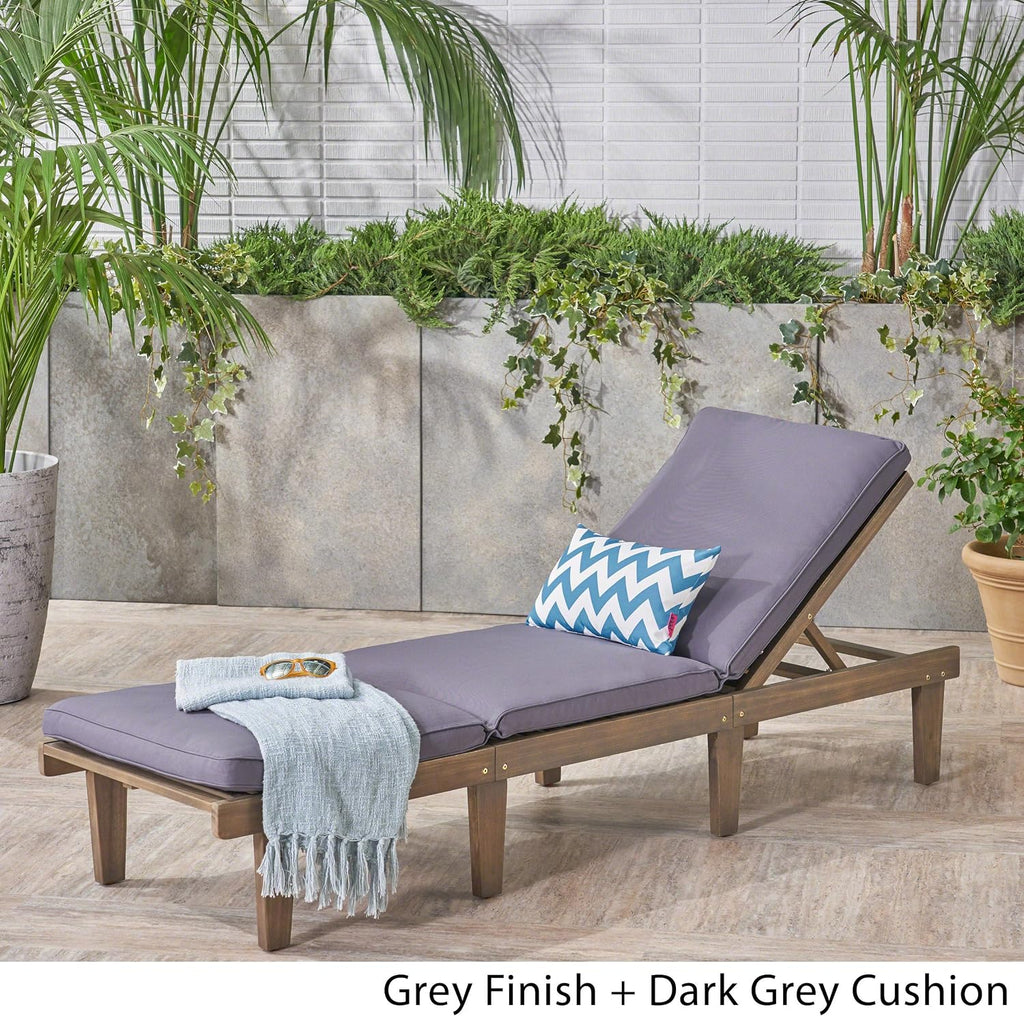 Outdoor Acacia Wood Chaise Lounge, Grey Finish/Dark Grey Cushion