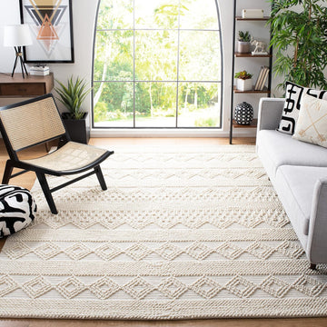 Natura Collection Area Rug, Ivory, Handmade Moroccan Boho Tribal Wool & Cotton, Ideal for High Traffic