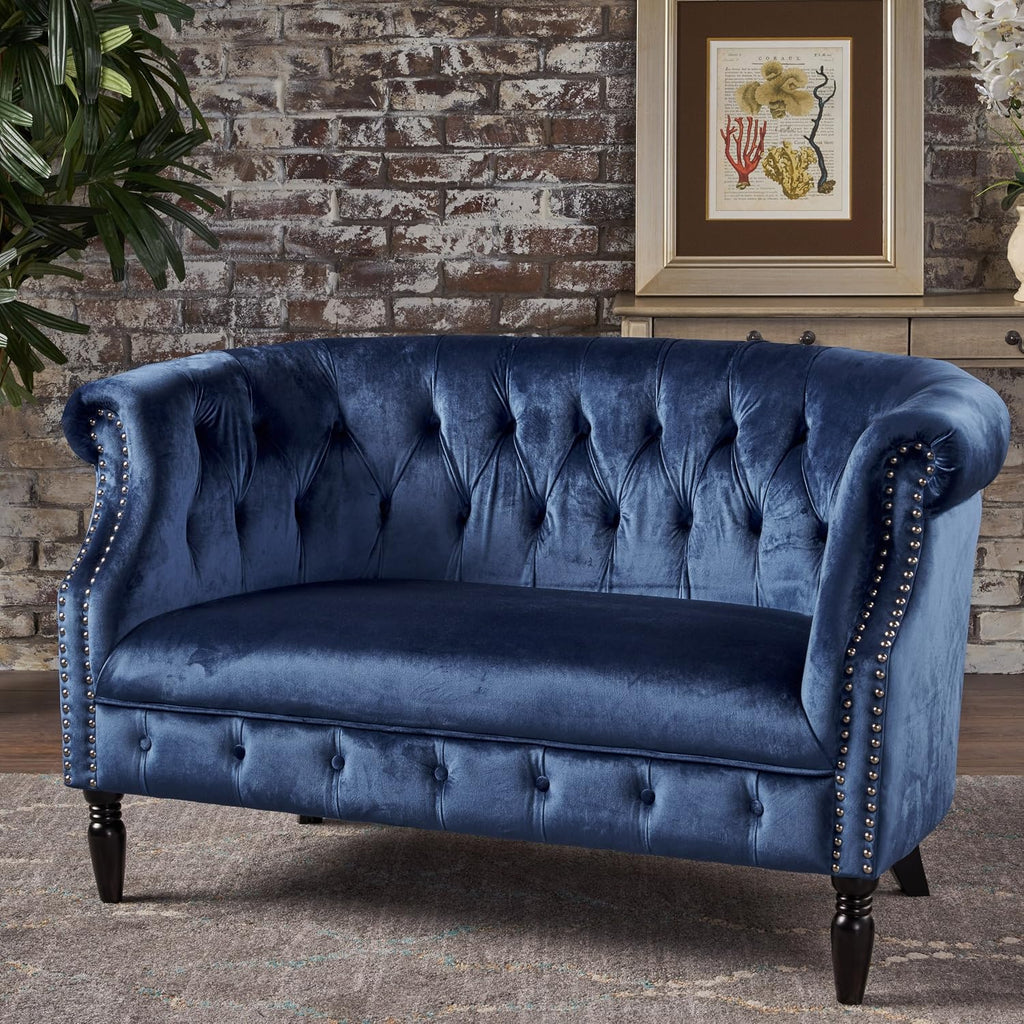 Milani Tufted Scroll Arm Velvet Loveseat, Navy Blue / Dark Brown