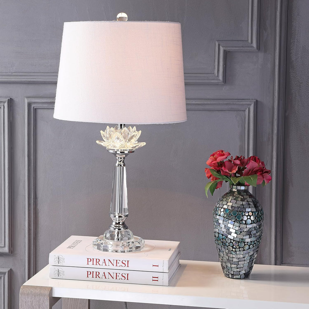 24.5" Clear Crystal LED Table Lamp, Hollywood Regency Modern Glam Candlestick Lamp with White Linen Drum Shade Bedroom