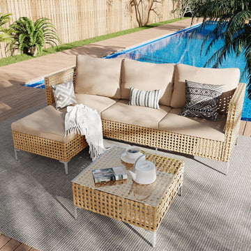 Small L-Shaped Patio Furniture Set - Weather Resistant Wicker Sectional Chaise Sofa with Thick Cushions & Tempered