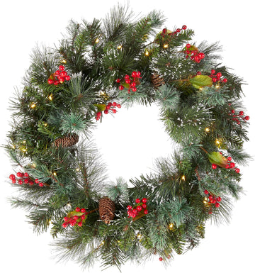 Tree Company 24in Pre-Lit Wintry Pine Flocked Christmas Wreath | 50 Warm White LED Lights, 113 Tips, Artificial