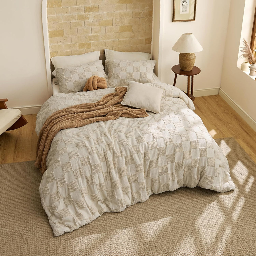 Comforter Set Beige, Boho Tufted Bed Set, Checkered Farmhouse Shabby Chic Bedding, 3 Pieces