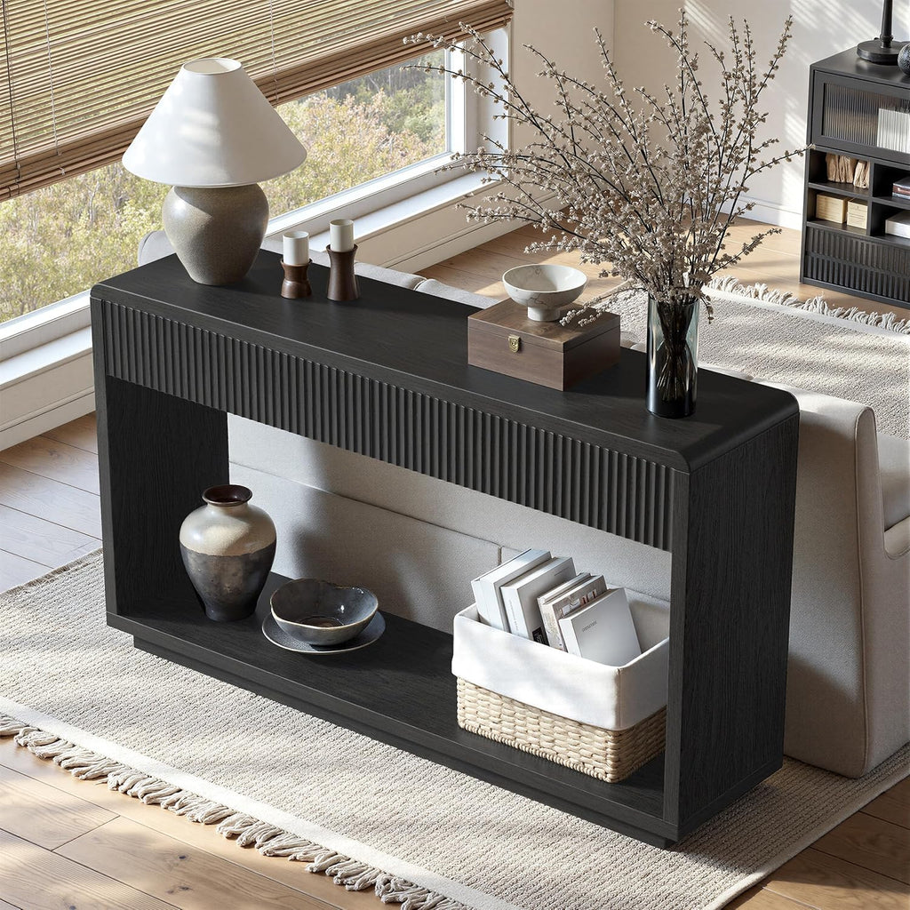 59'' Charcoal Black Entryway Table with Drawers, Fluted Console Table, Mid Century Modern Sofa Table with Storage