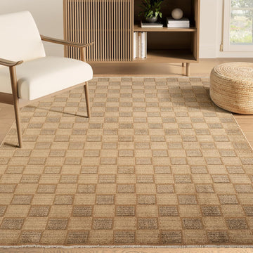 Evelyn Collection Brown Area Rug - Modern Checkered Pattern, Non-Shedding - Easy to Clean, Durable